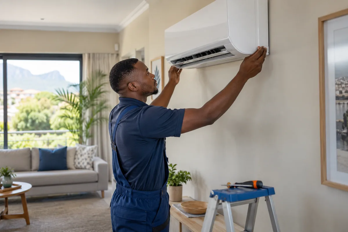 Technician working on a wall-mounted air conditioner